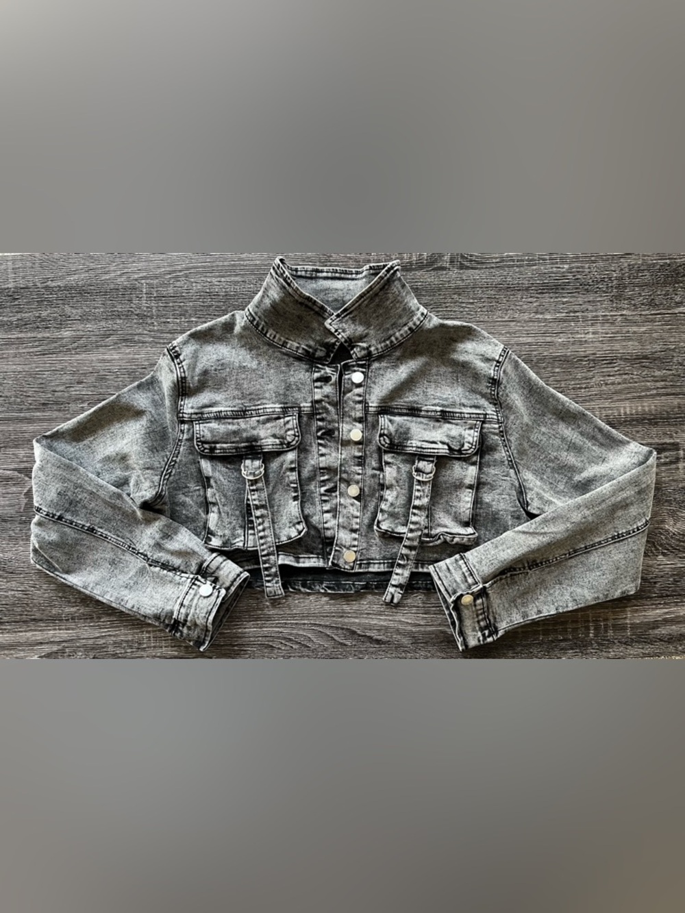 Black Gray Washed Cropped Denim Jean Jacket | Size 1X